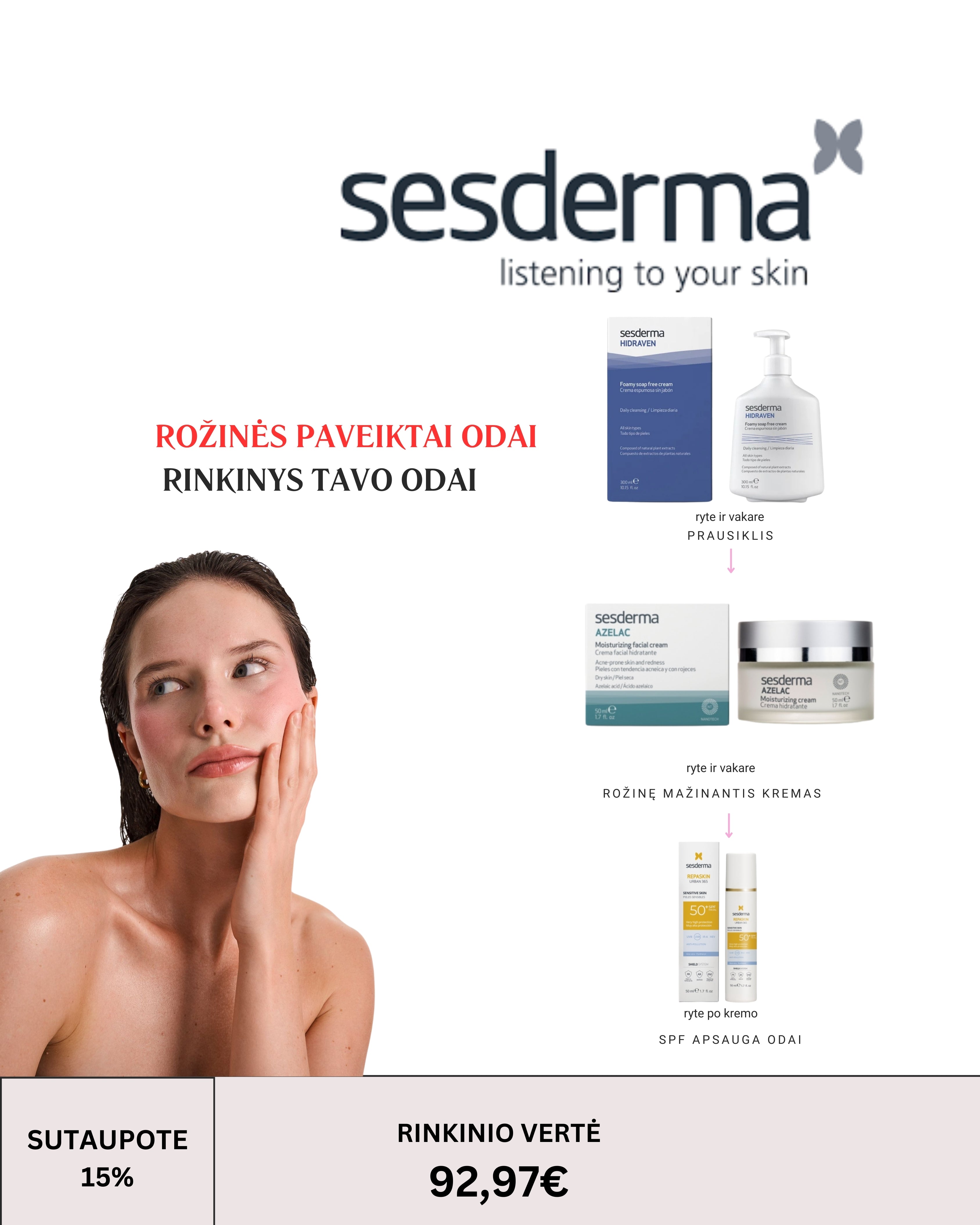 SESDERMA rinkinys rožinės paveiktai odai I 3 produktai