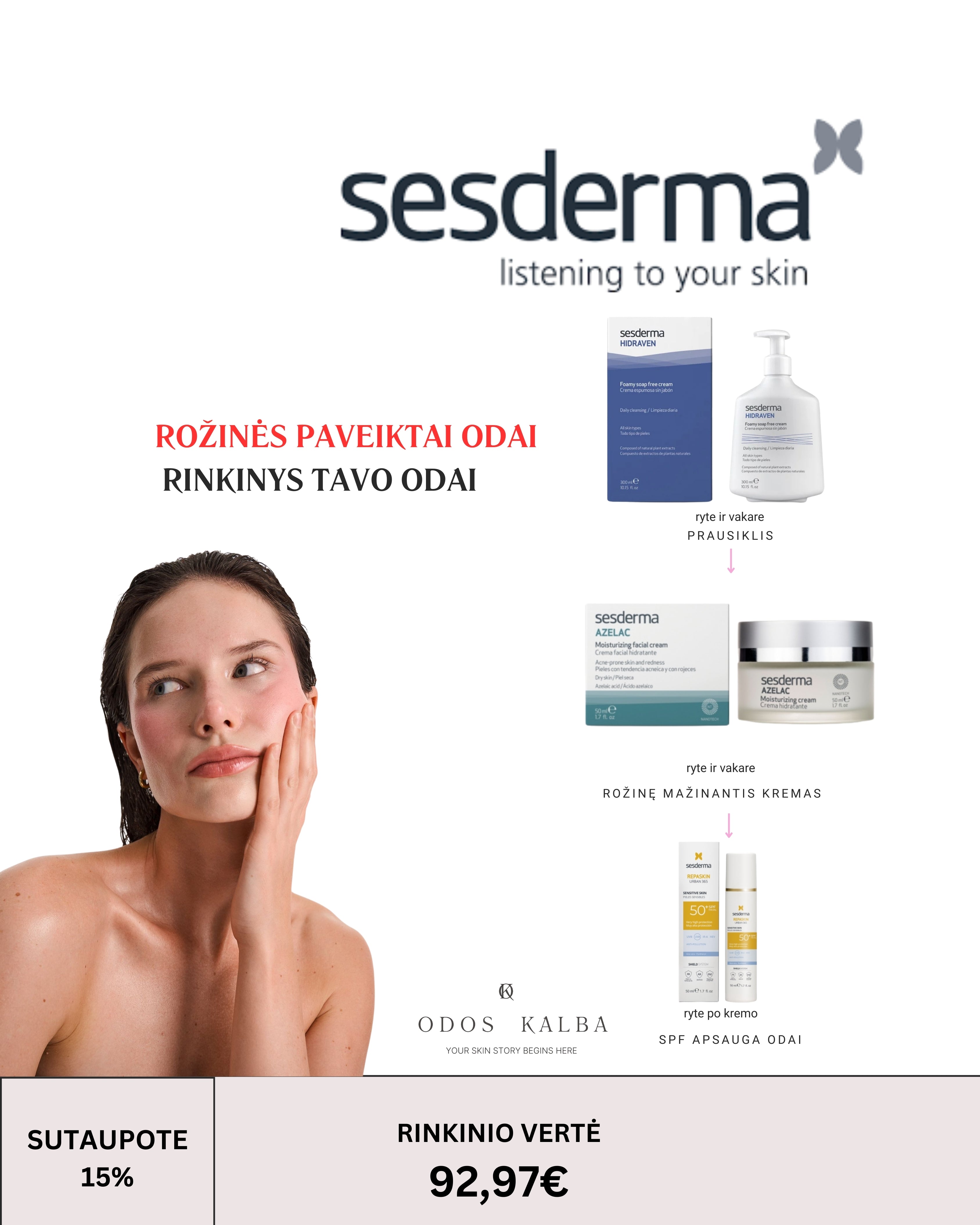 SESDERMA rinkinys rožinės paveiktai odai I 3 produktai