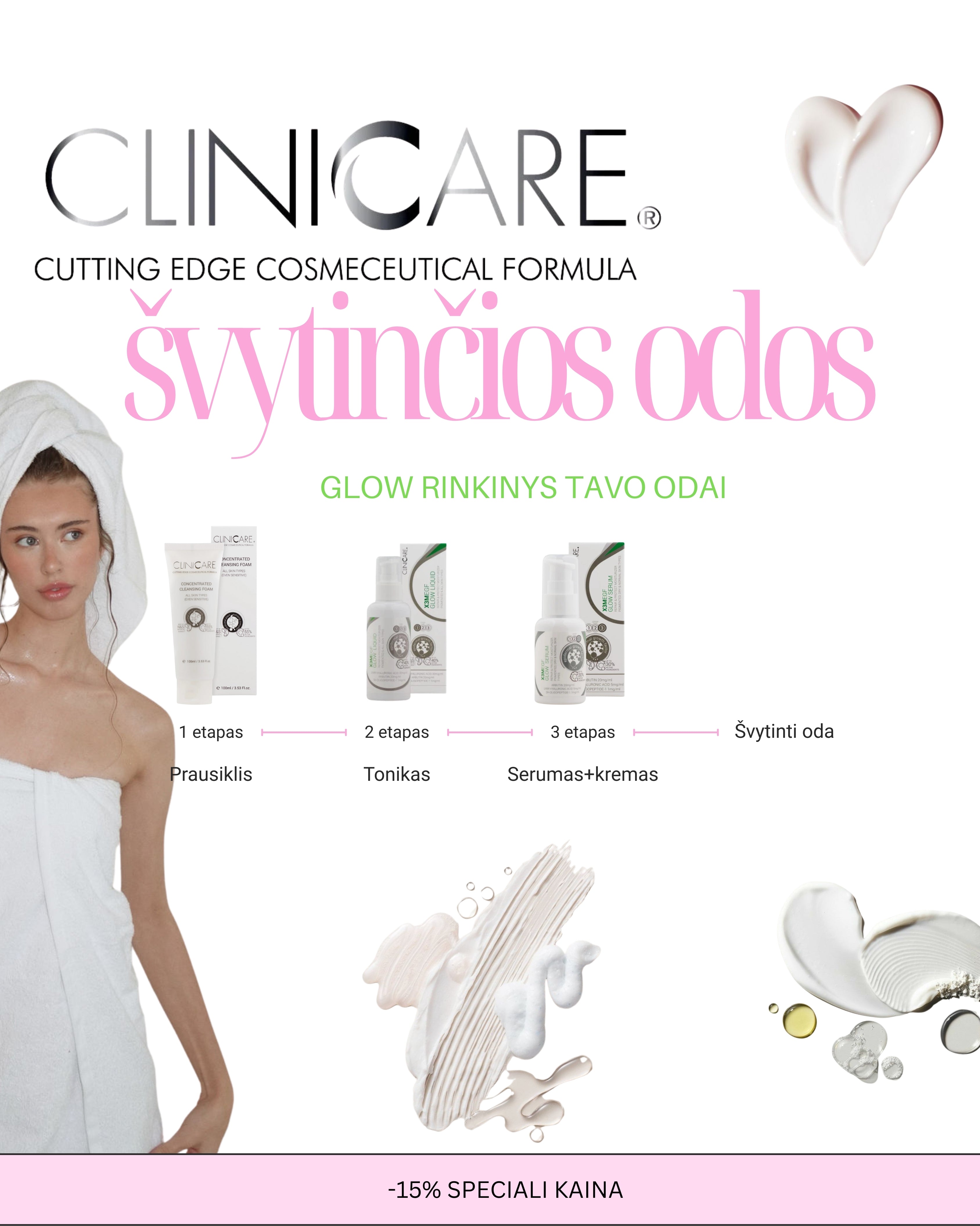 CLINICARE švytinčios odos rinkinys 3 PRODUKTAI