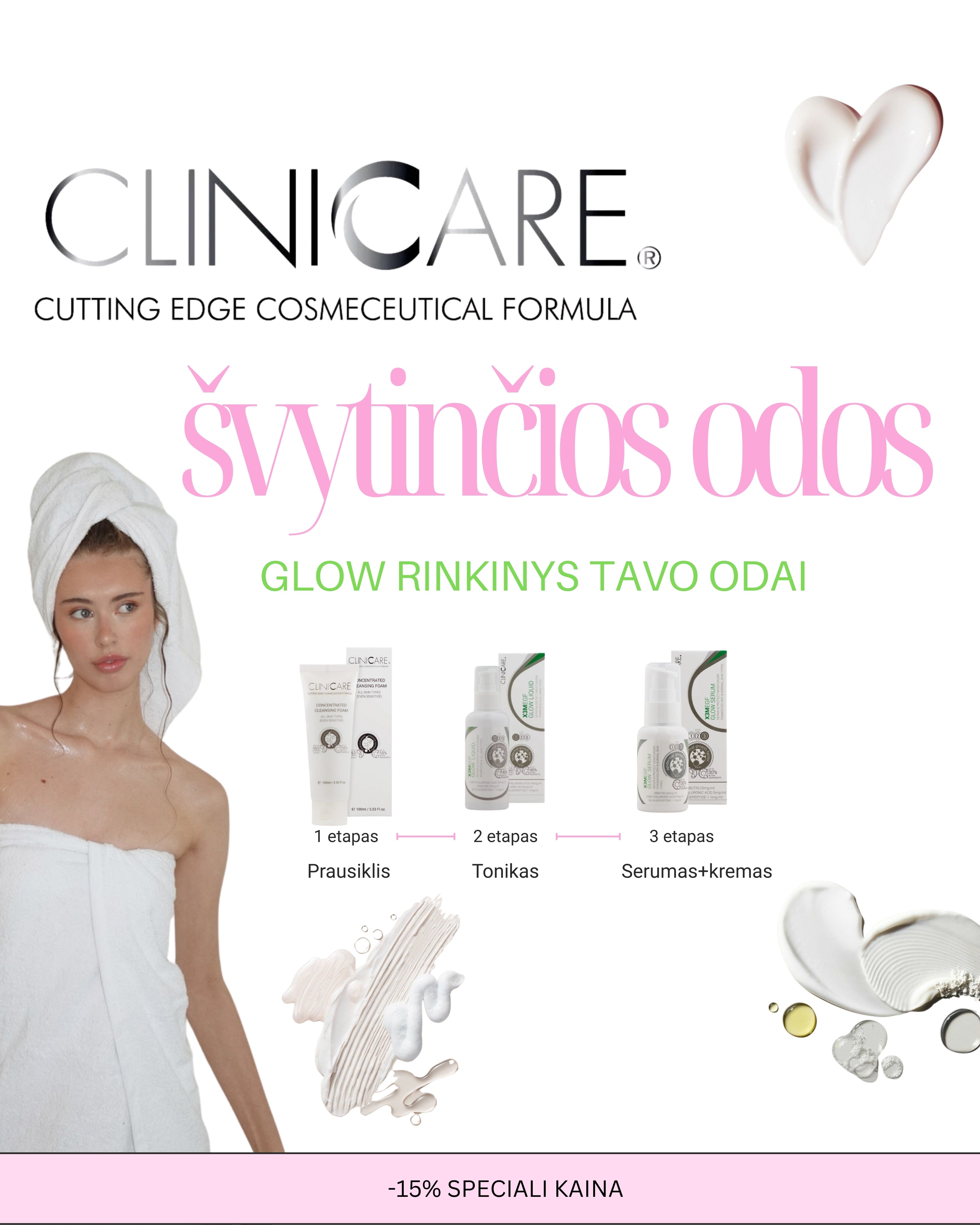 CLINICARE švytinčios odos rinkinys 3 PRODUKTAI